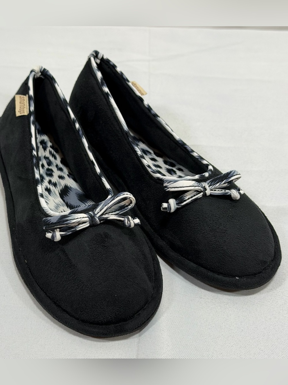 Ballet Slippers Black Microsuede Animal Print Trim Black White Flats Smartdogs